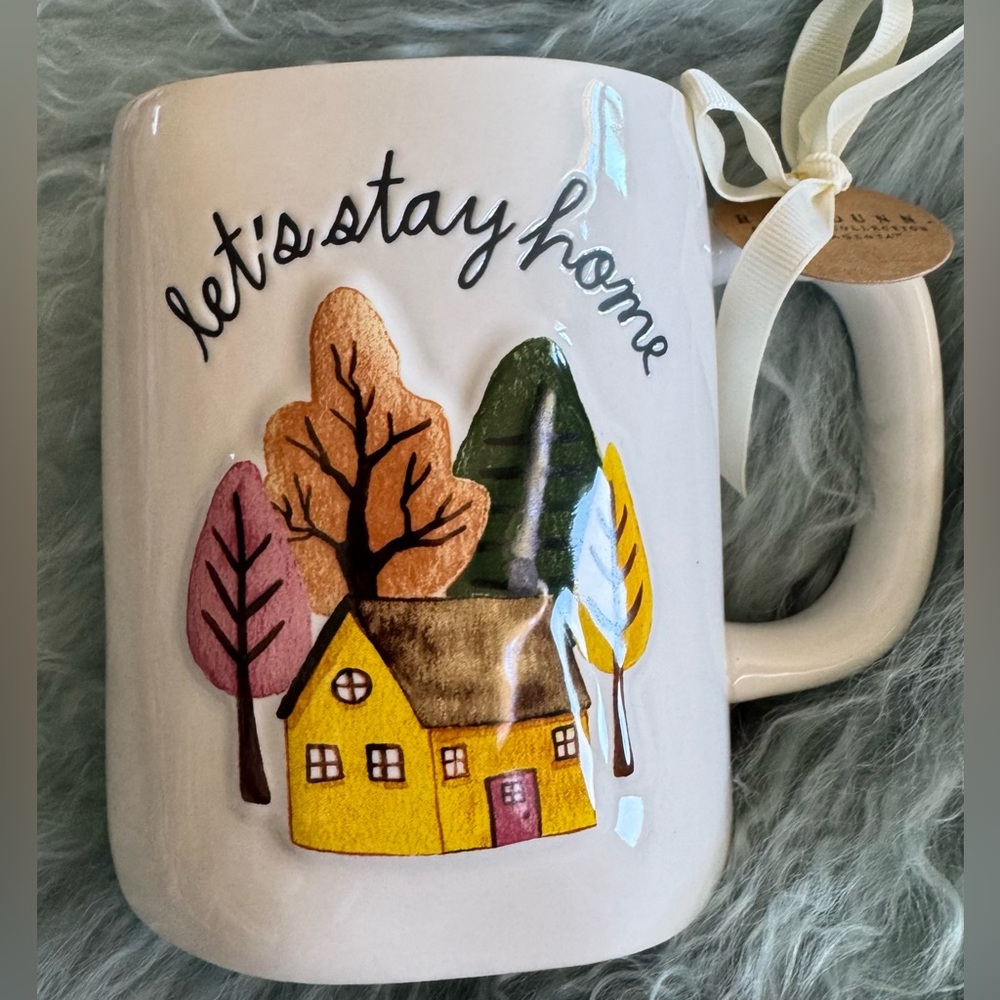 RAE DUNN FALL HALLOWEEN COFFEE MUG W/LEAVES & 3D TREES HOUSE “LETS STAY HOME”